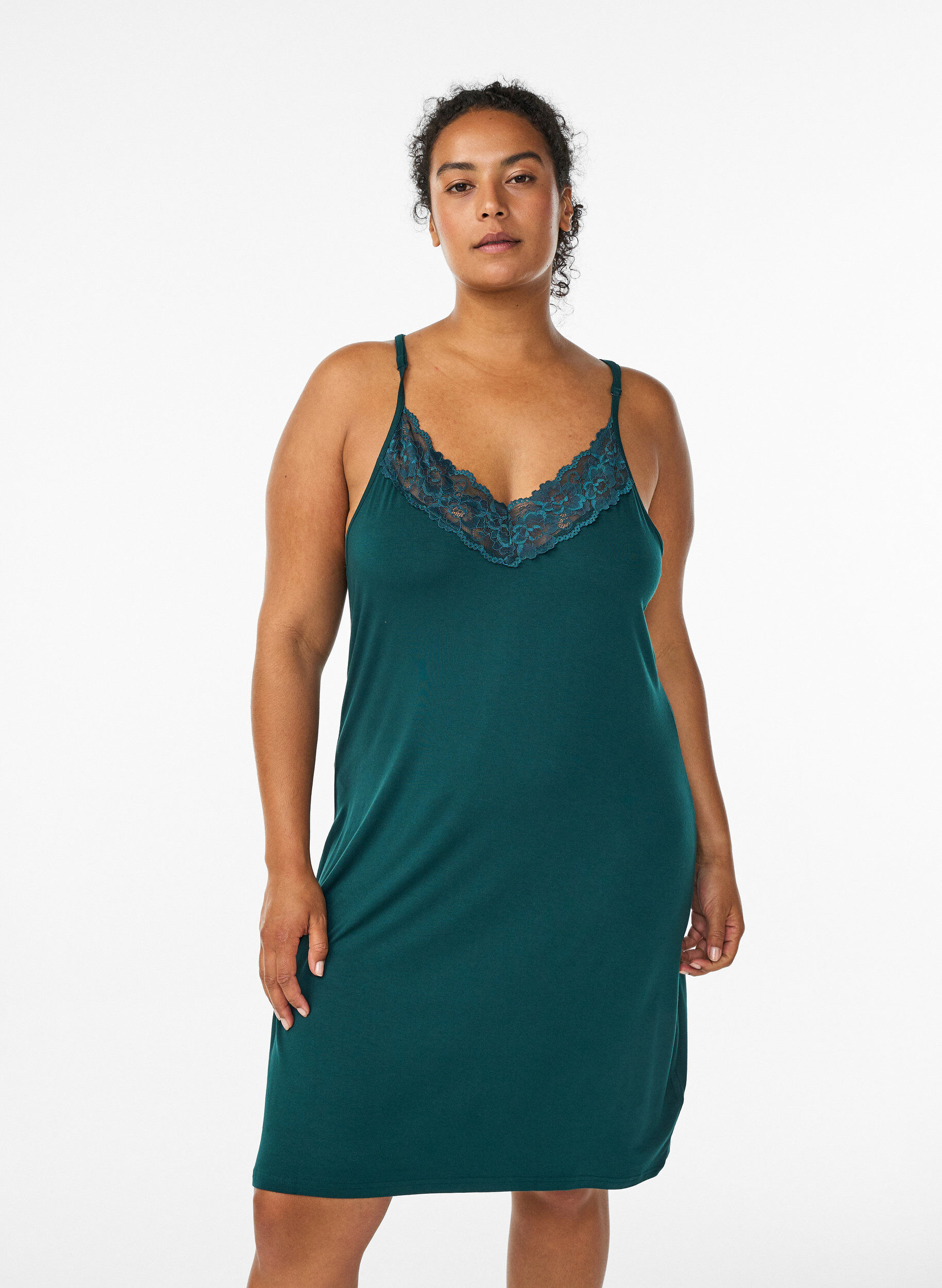 Sleeveless viscose nightgown with lace details, Green, Model