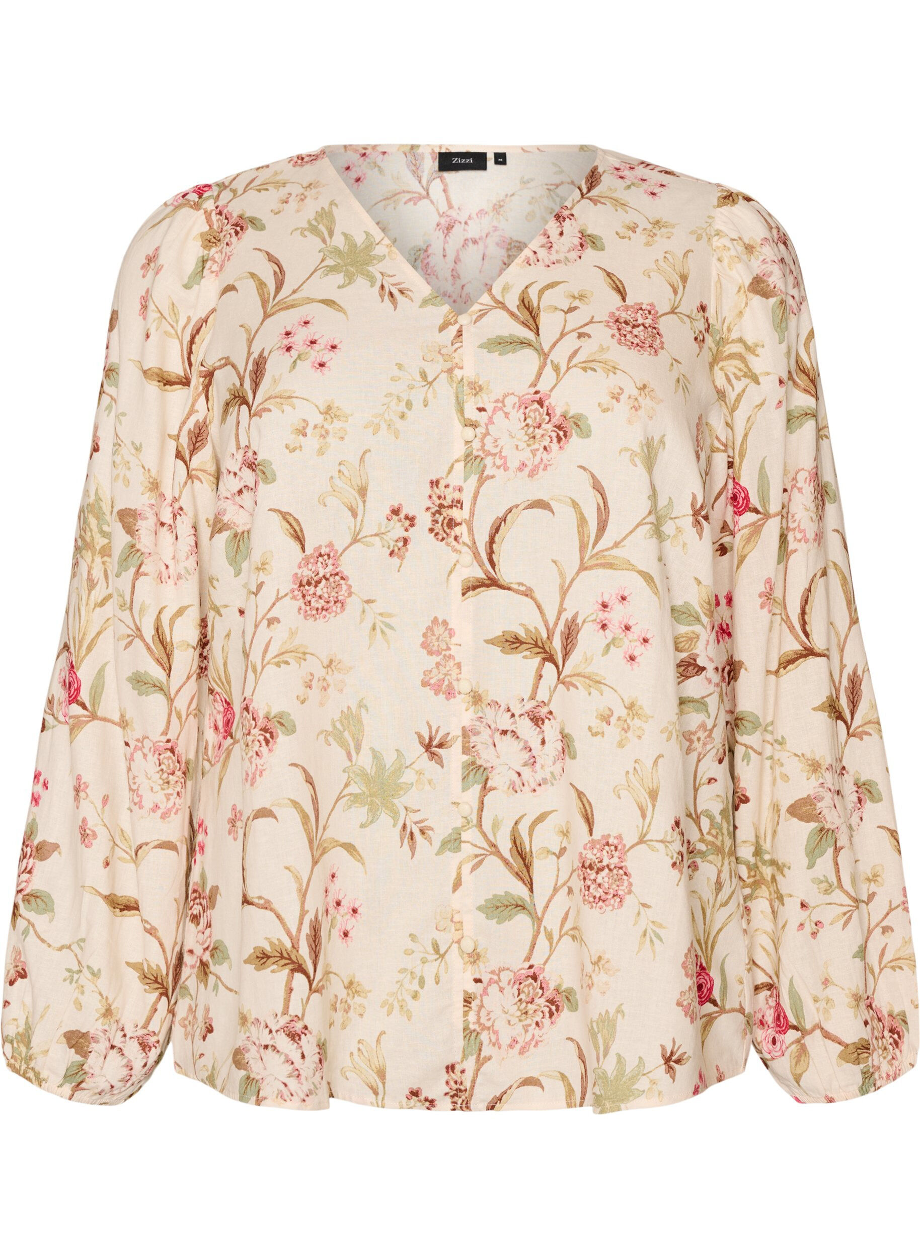 ZizzifashionFloral blouse in linen and viscose with long sleeves, Vanilla, Packshot image number 0