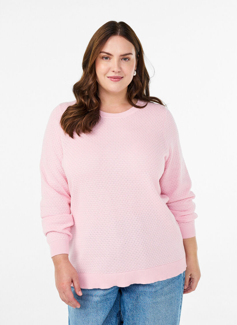 Knit blouse in cotton with textured pattern, Rose, Model image number 0