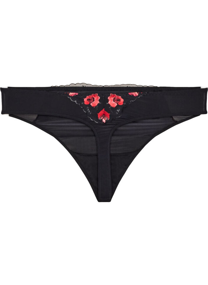 Microfibre thong with floral embroidery, Black, Packshot image number 1