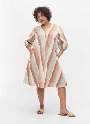 Striped cotton A shape dress, Multi Stripe, Model image number 2