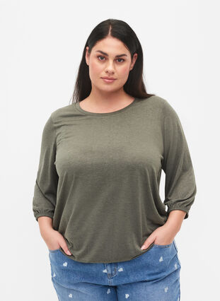 Plain blouse with 3/4 sleeves, Forest Night Mel., Model image number 0