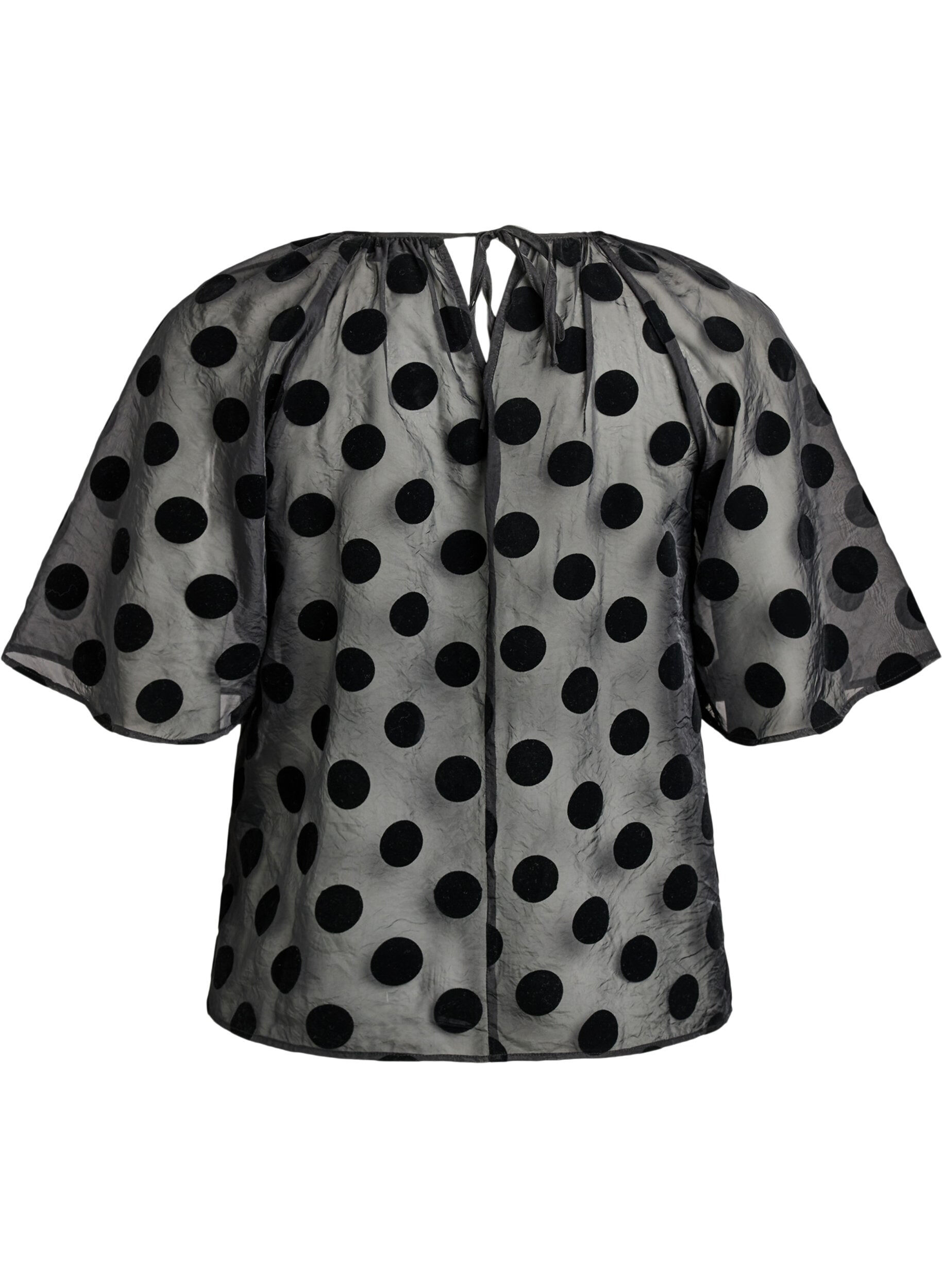 Zizzifashion Party blouse in organza-look with velvet dots, Black, Packshot image number 1