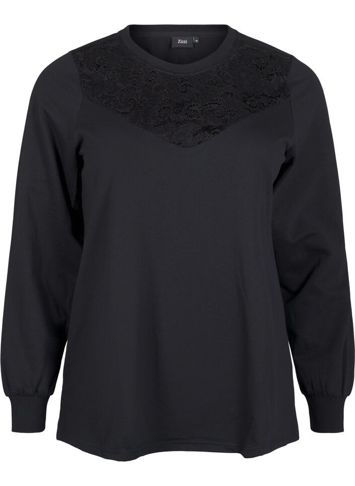 Sweatshirt with lace details, Black, Packshot image number 0