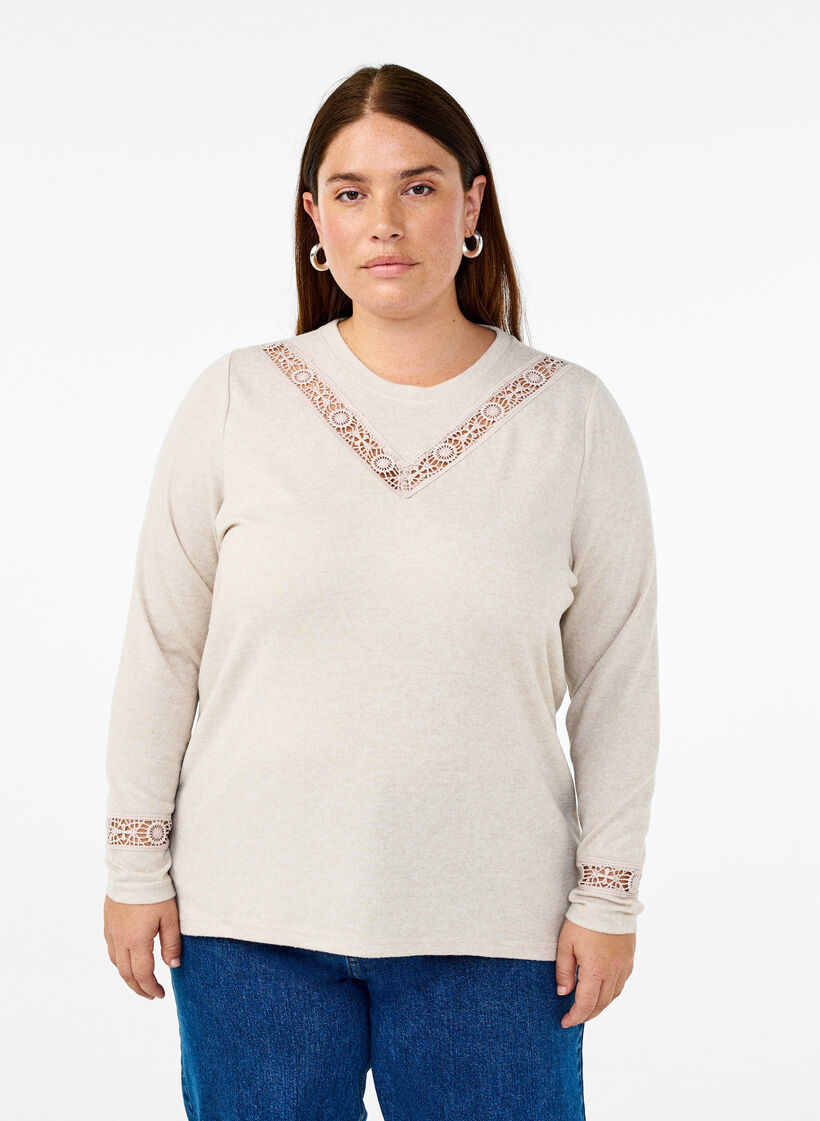 Blouse with embroidery details and long sleeves, Beige, Model image number 0