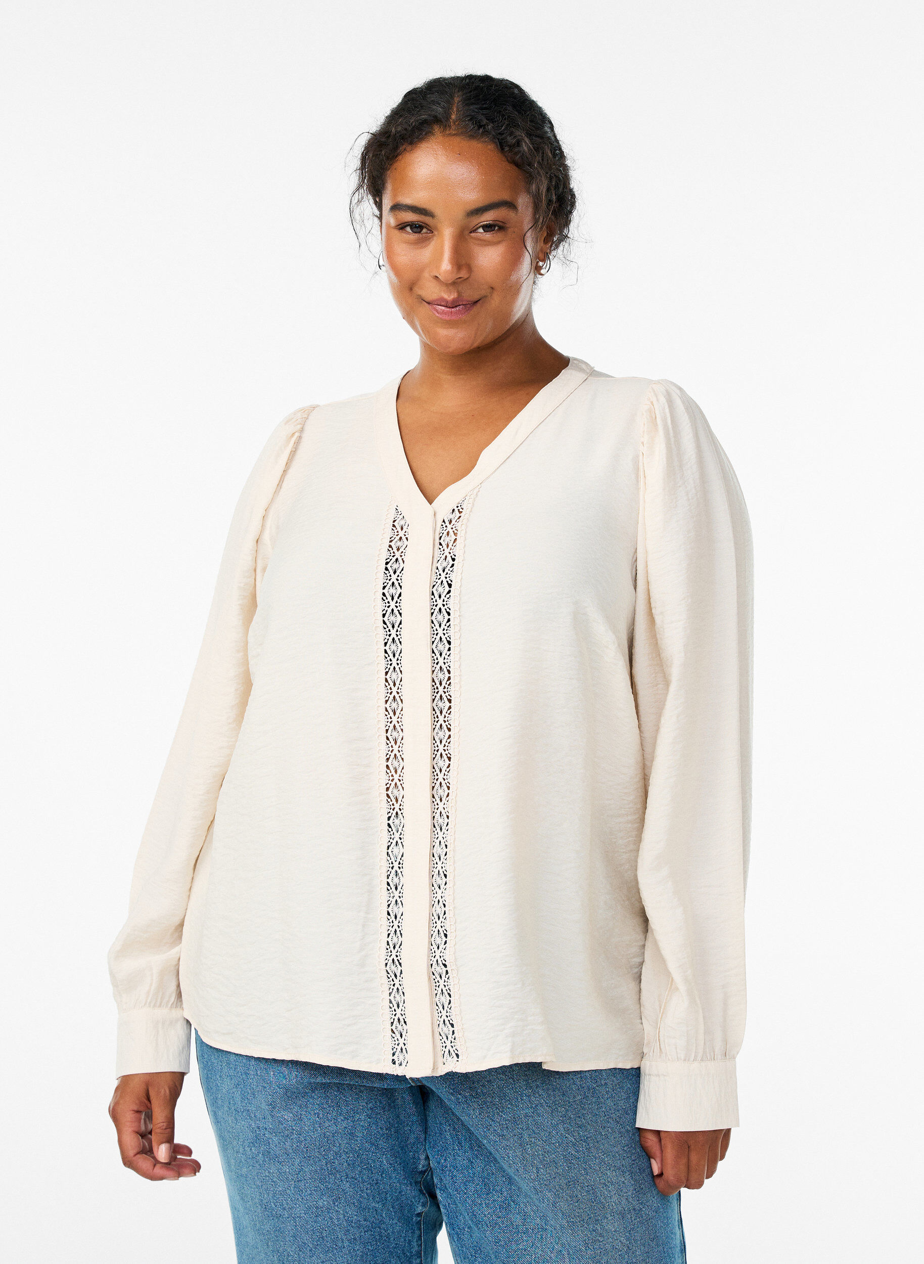 Blouse with V-neck and embroidered bands, Beige, Model