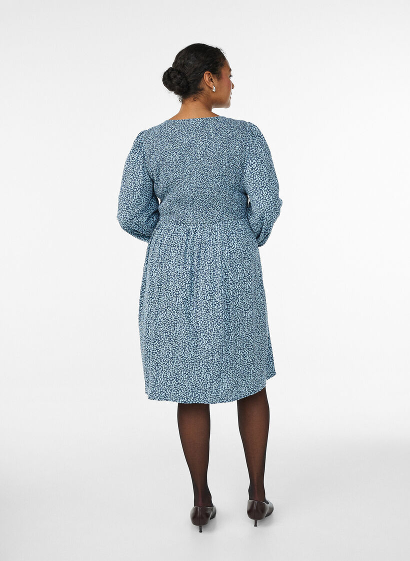 Dress with a smocked top and ditsy floral pattern, Blue, Model image number 2