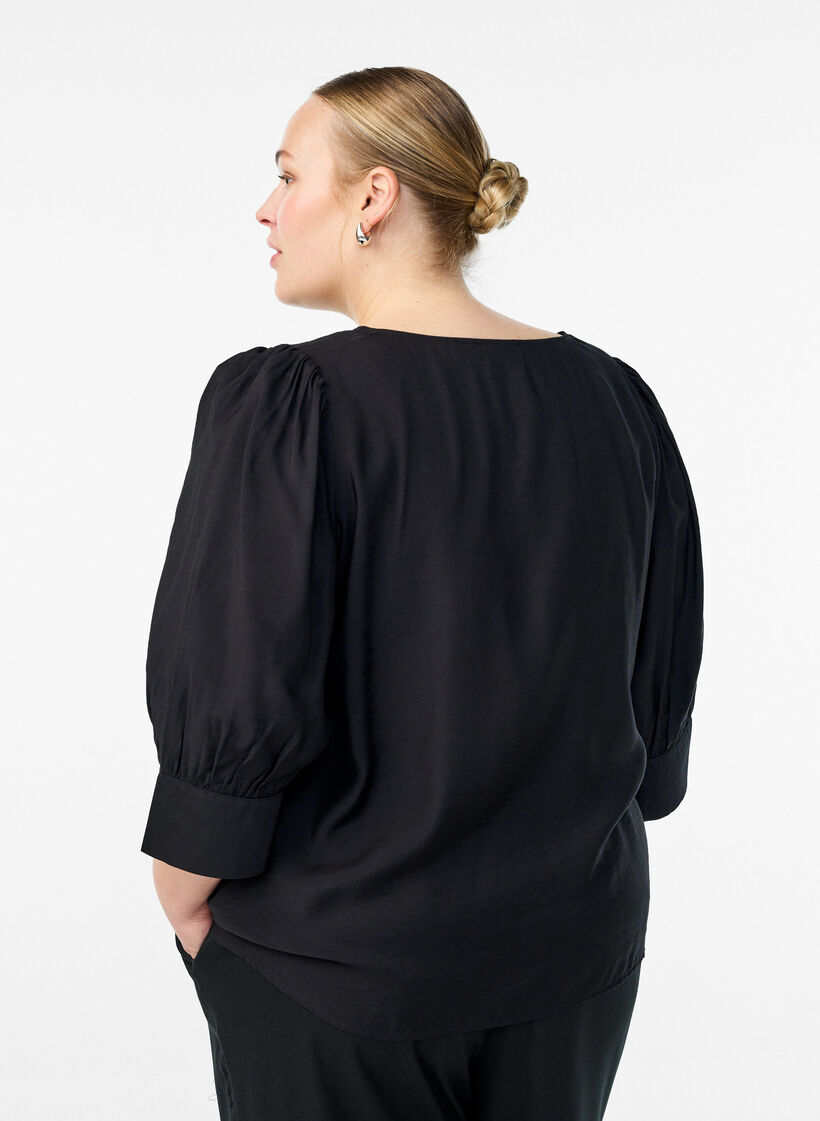 Blouse with V-neck and 3/4-sleeves, Black, Model image number 2