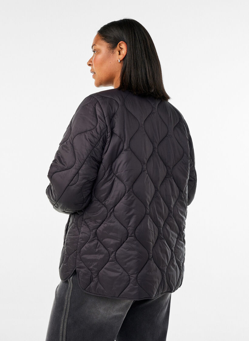 Quilted jacket with press studs and round neck, Black, Model image number 2