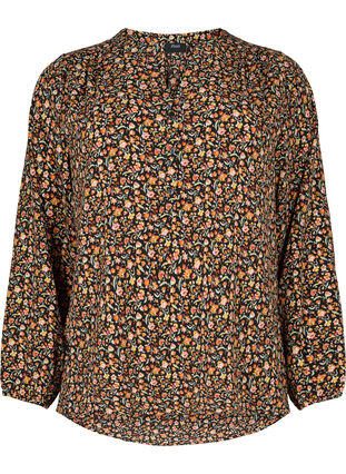 Long-sleeved blouse with floral print and v-neck, Ditsy Floral, Packshot image number 0