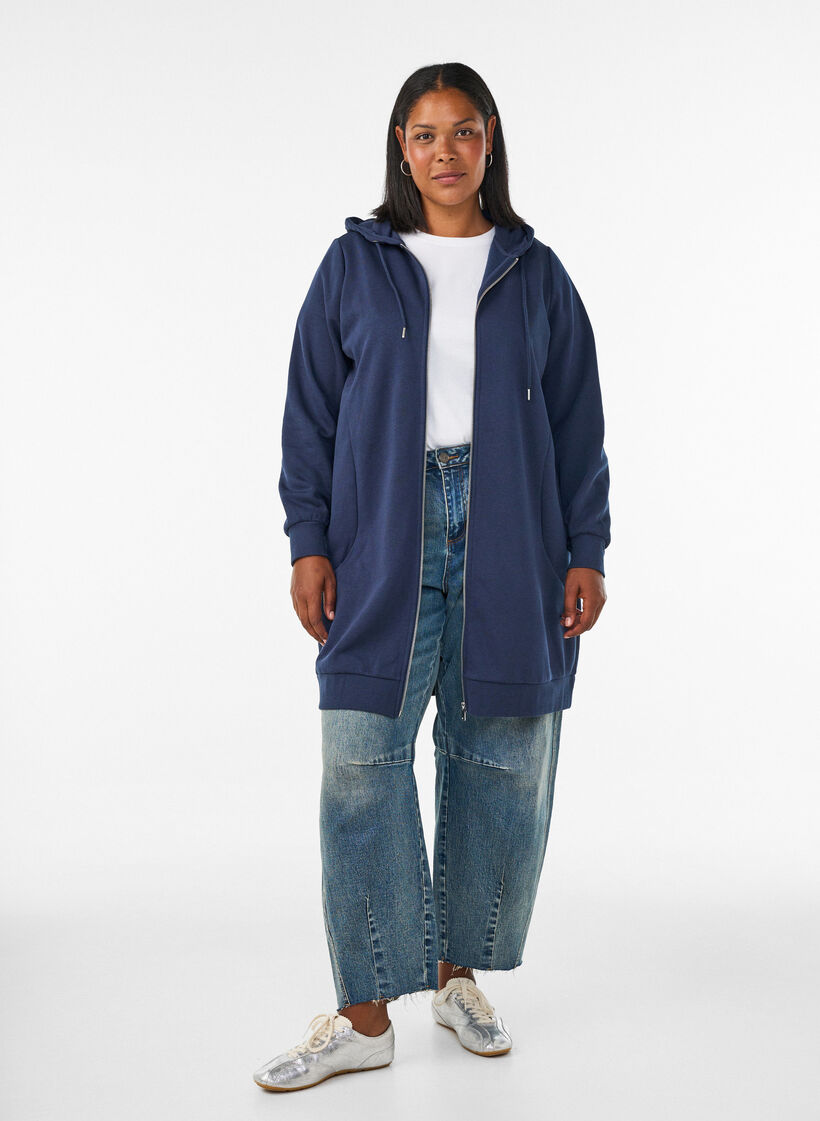 Long hoodie with zip and pockets, Blue, Model image number 1