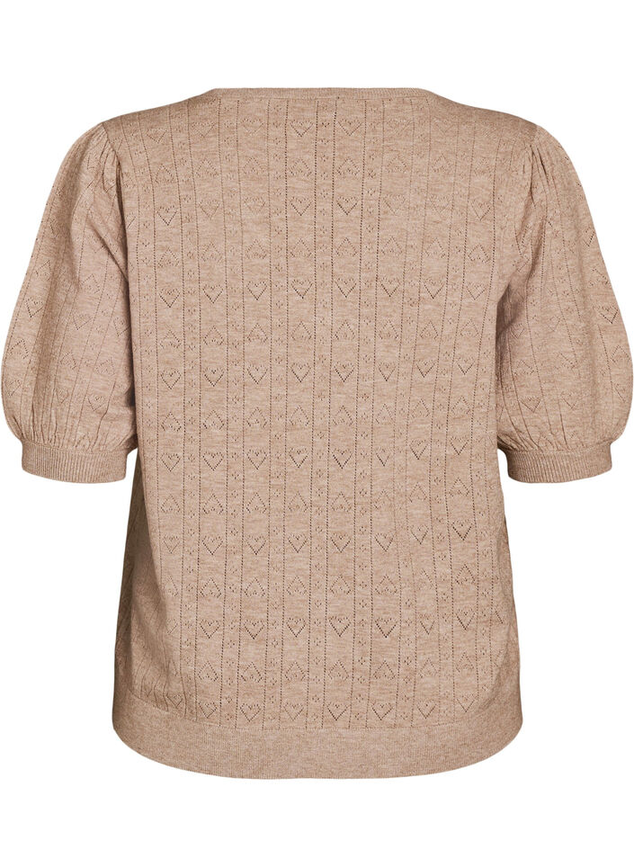 Short-sleeved knit blouse with a pointelle pattern, Beige, Packshot image number 1