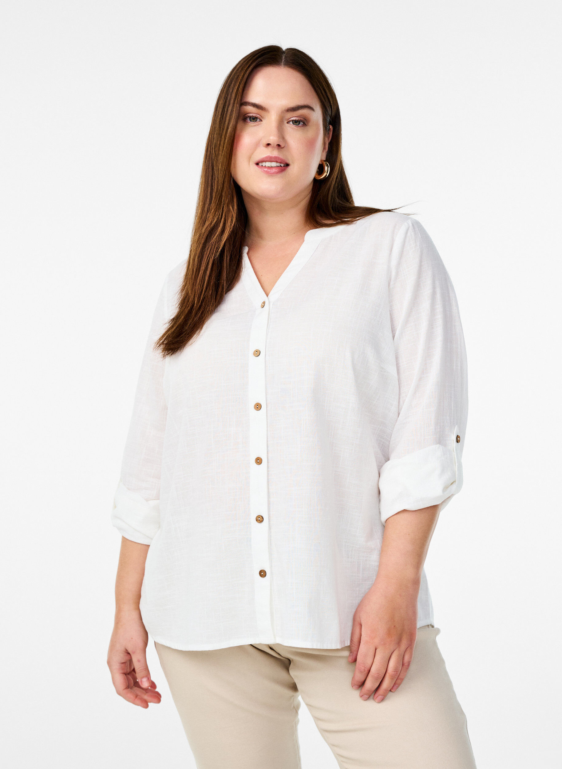 Cotton shirt blouse with a v-neck, White, Model