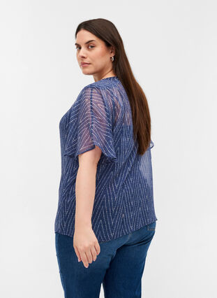 Short-sleeved blouse with tie details, Blue Indigo AOP, Model image number 1