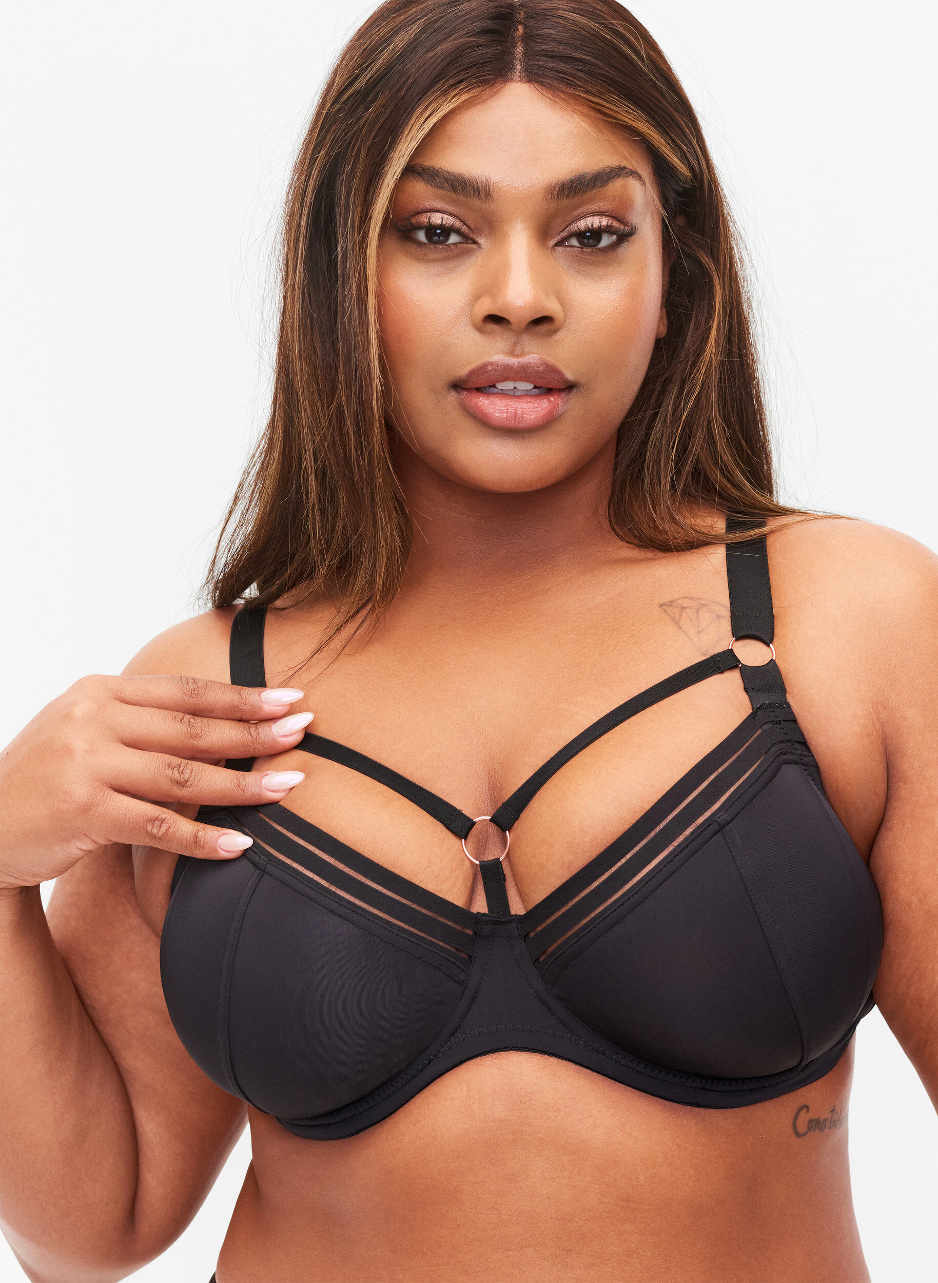 Zizzifashion Full cover underwired bra with string details, Black, Model image number 2