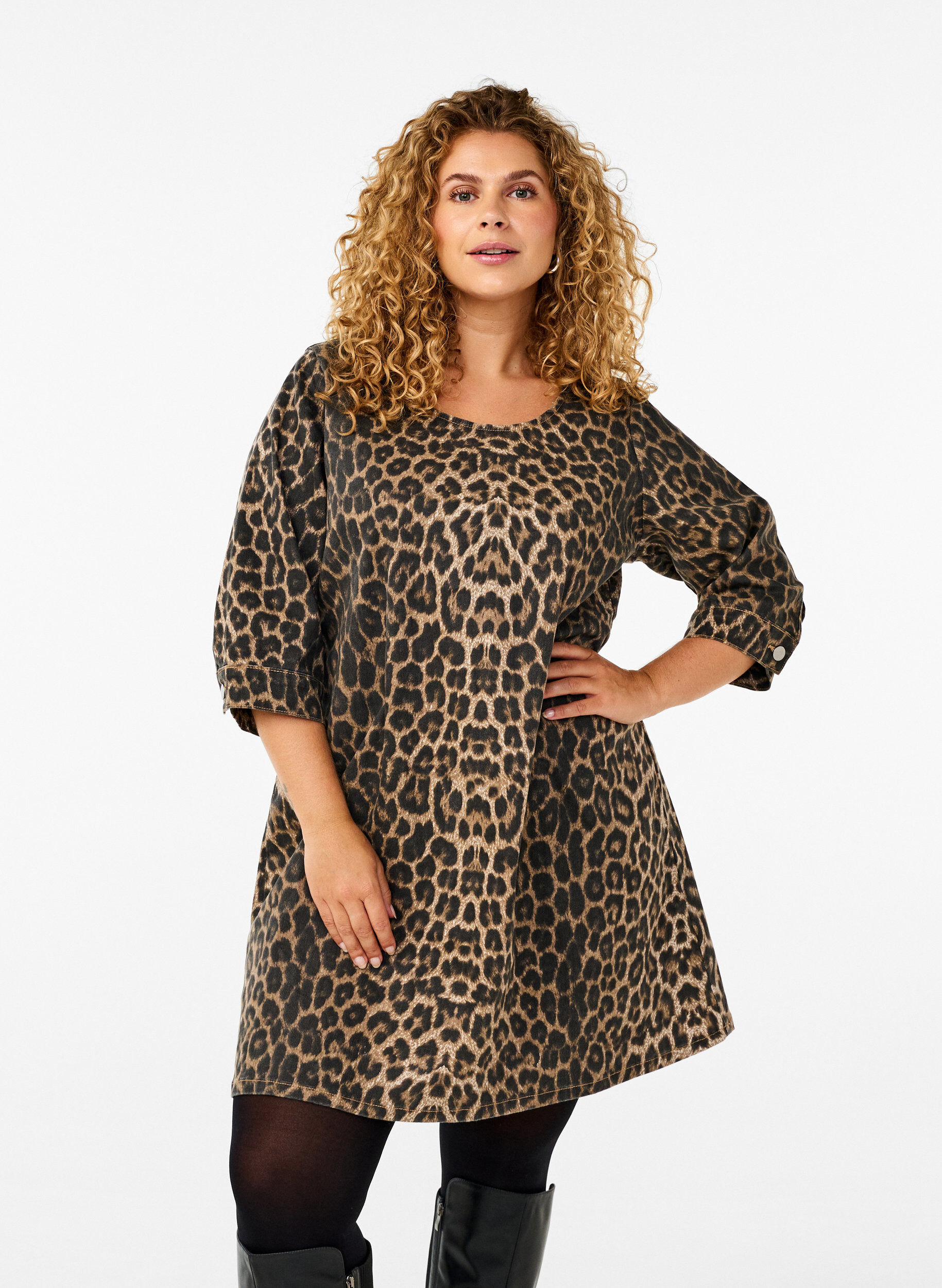 Zizzifashion Denim dress with leopard print, Brown, Model image number 0