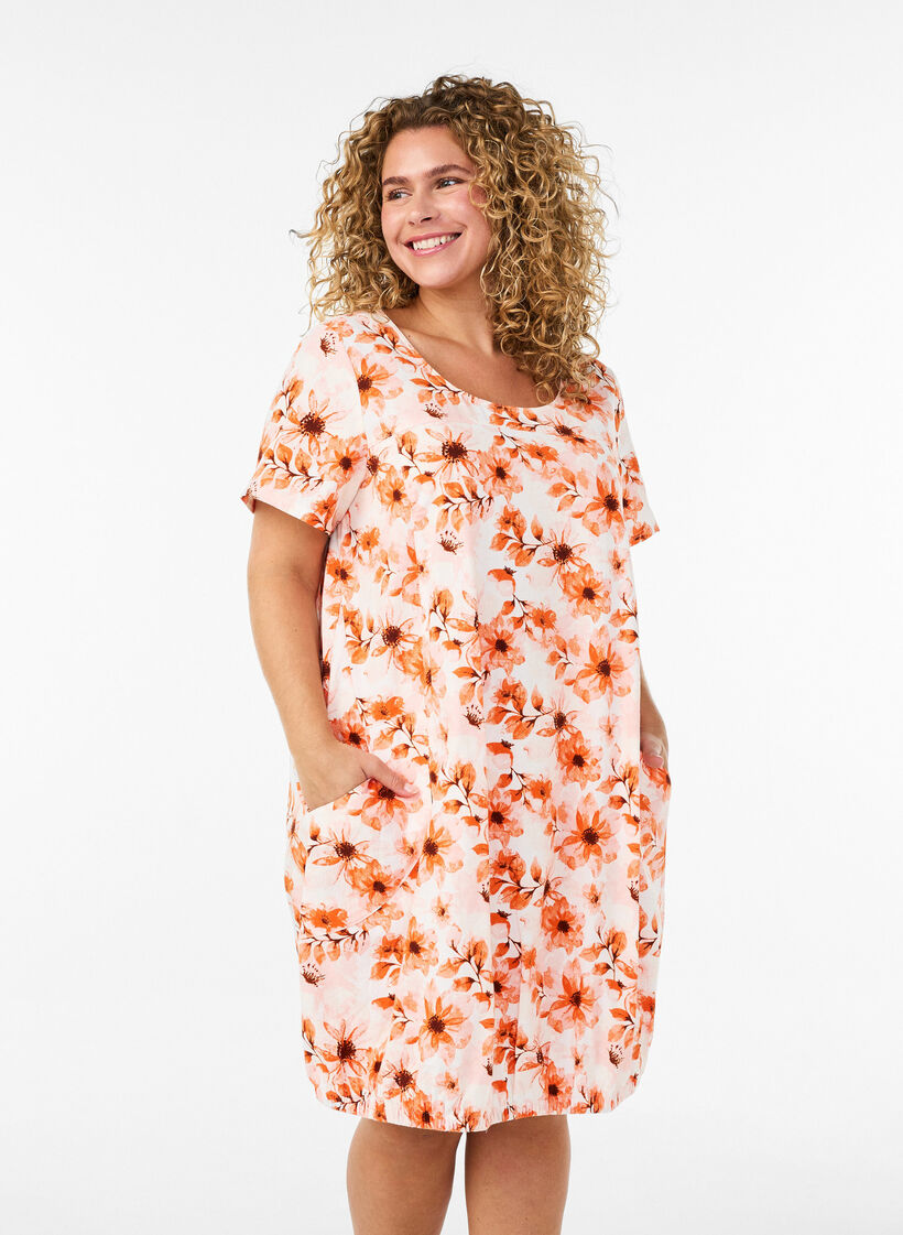 Short-sleeved cotton dress with print, Orange, Model image number 0