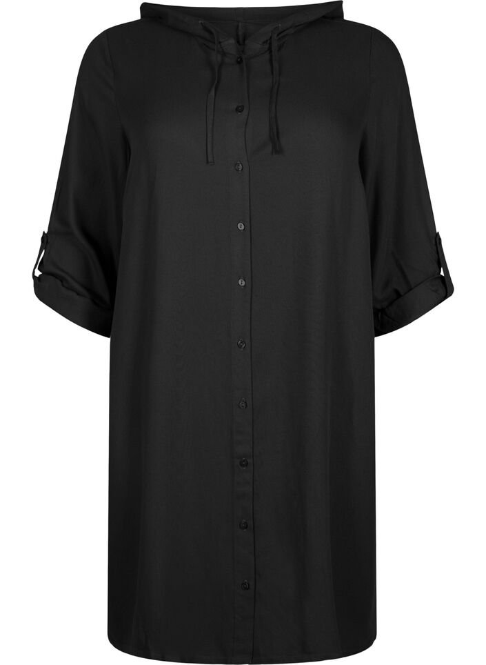Shirt dress in viscose with hood and 3/4 sleeves, Black, Packshot image number 0