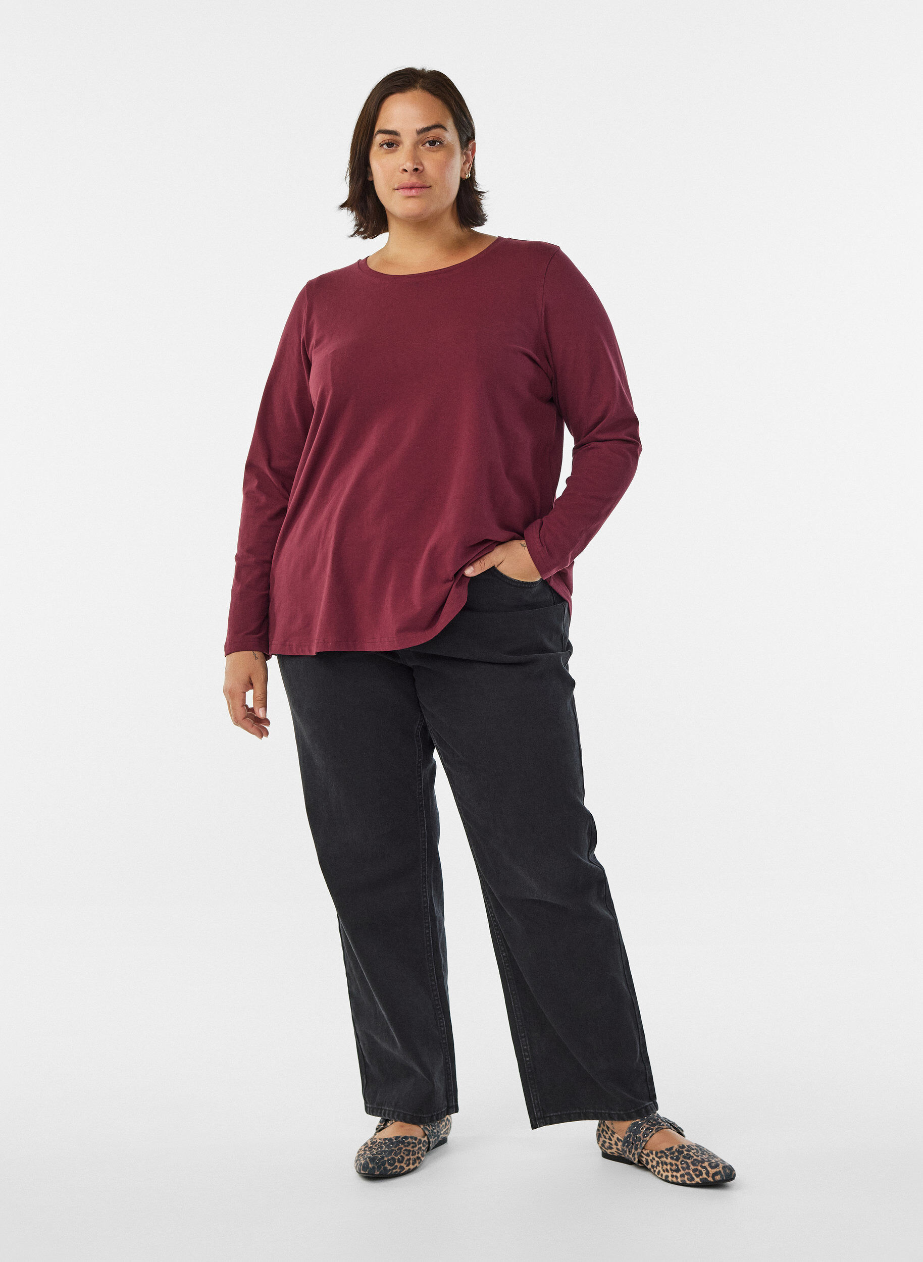 ZizzifashionBasic jersey blouse with long sleeves, Dark Bordeaux, Model image number 1