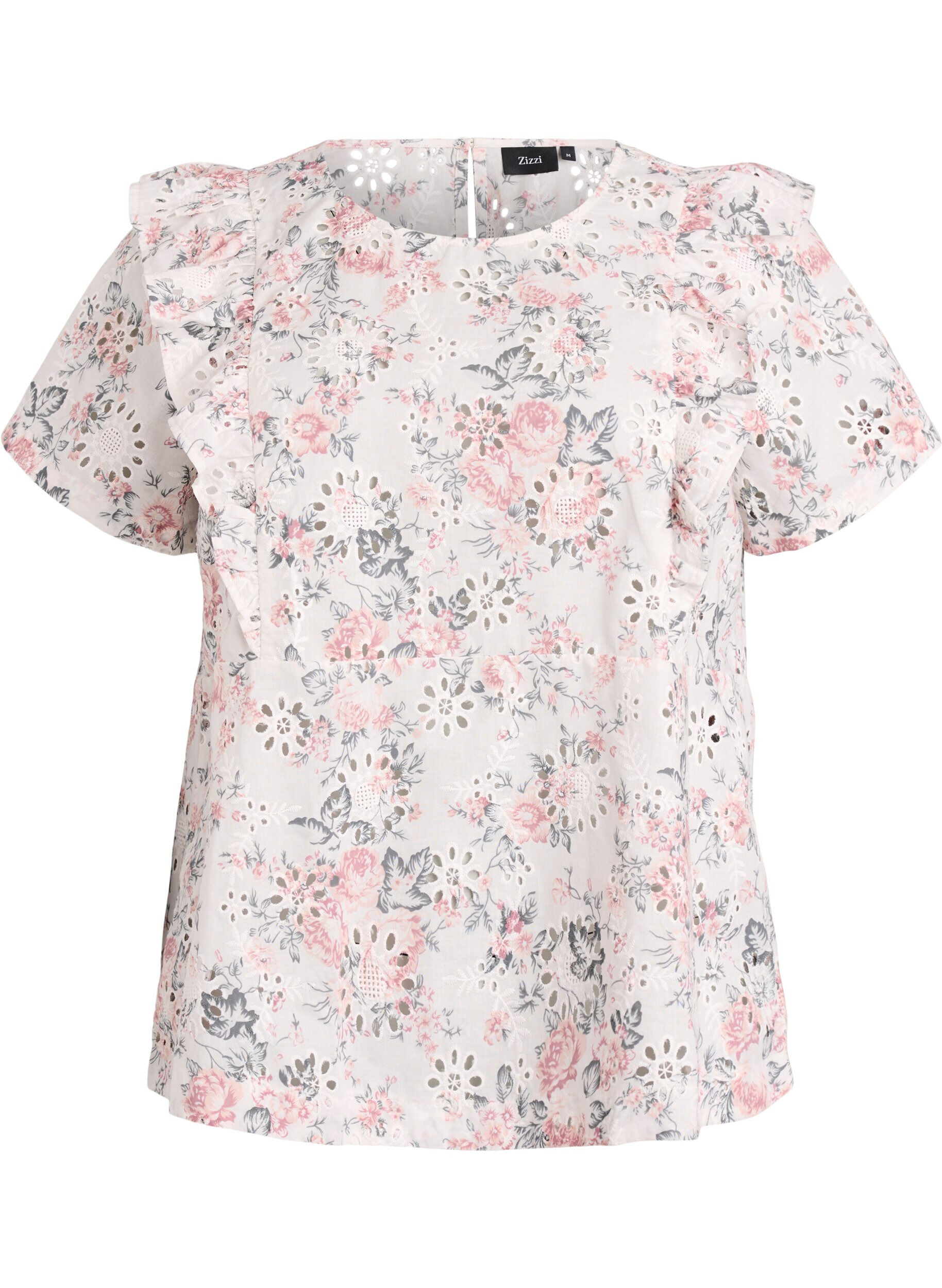 Zizzifashion Cotton blouse with broderie anglaise and ruffles, Red, Packshot image number 0