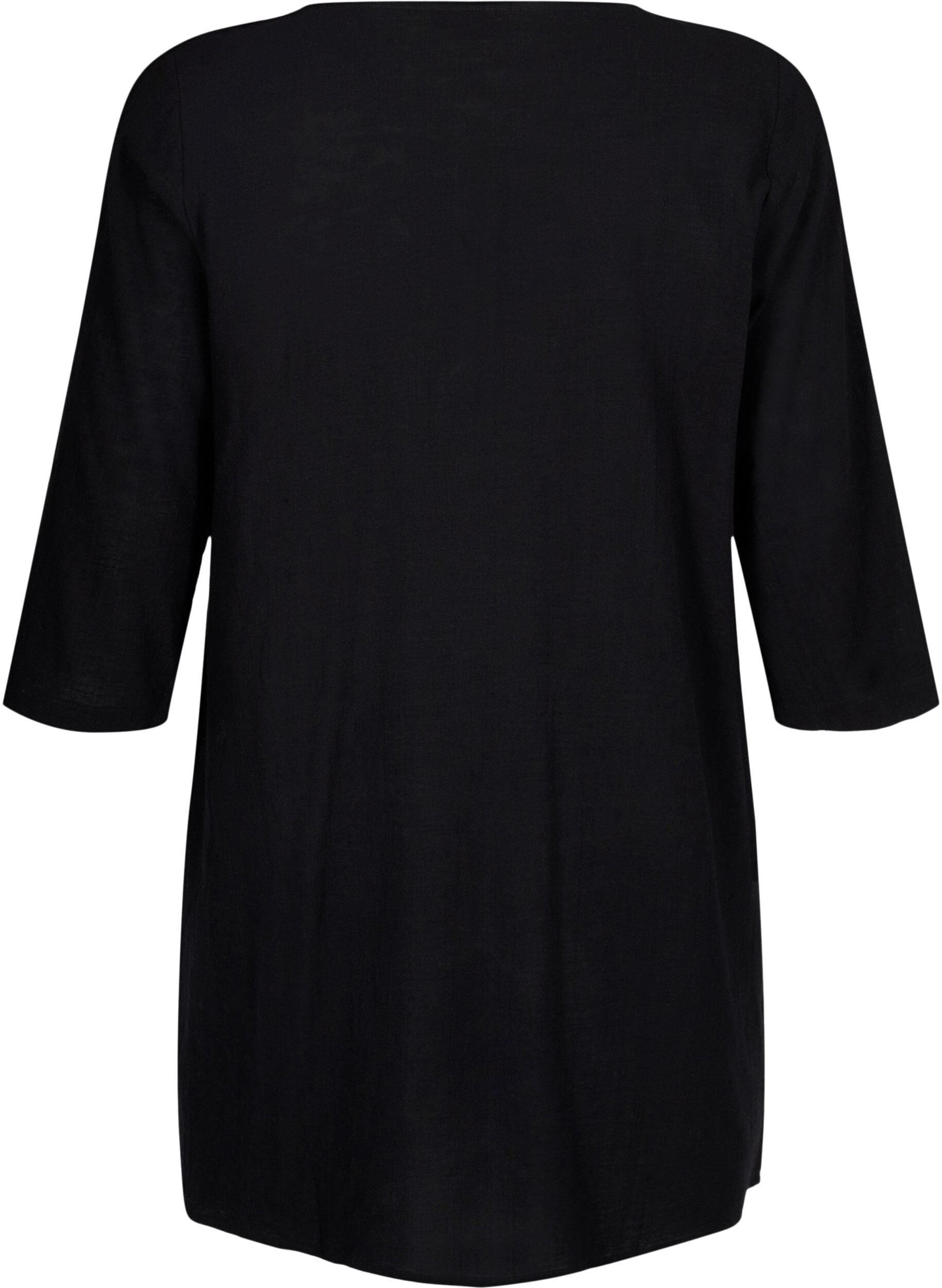 Zizzifashion 3/4 sleeve cotton blend tunic with linen, Black, Packshot image number 1