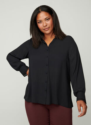 Long-sleeved shirt with feminine details, Black, Model image number 0