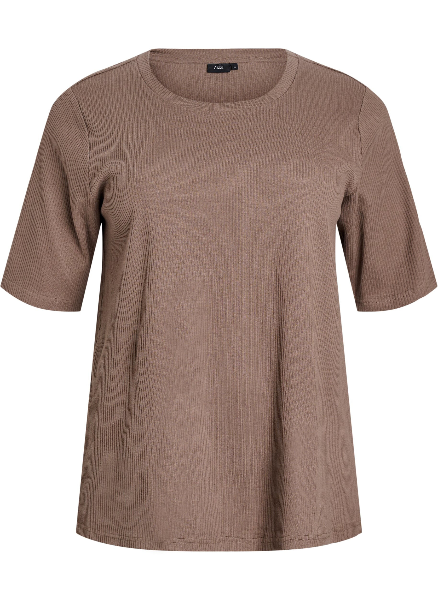 Zizzifashion Ribbed jersey blouse with short sleeves, Brown, Packshot image number 0