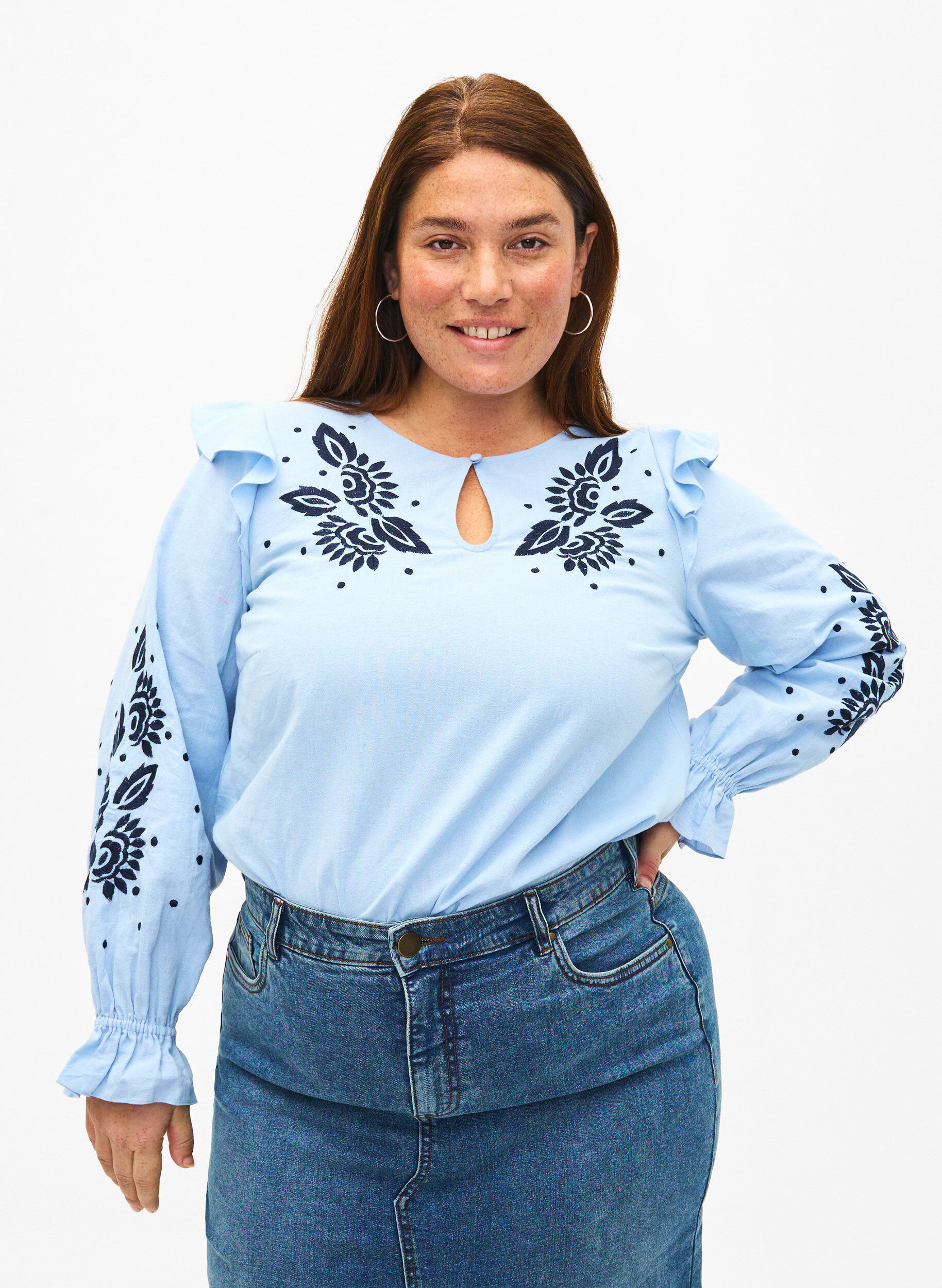 Zizzifashion Cotton blouse with embroidery and ruffles, Light Blue, Model image number 0