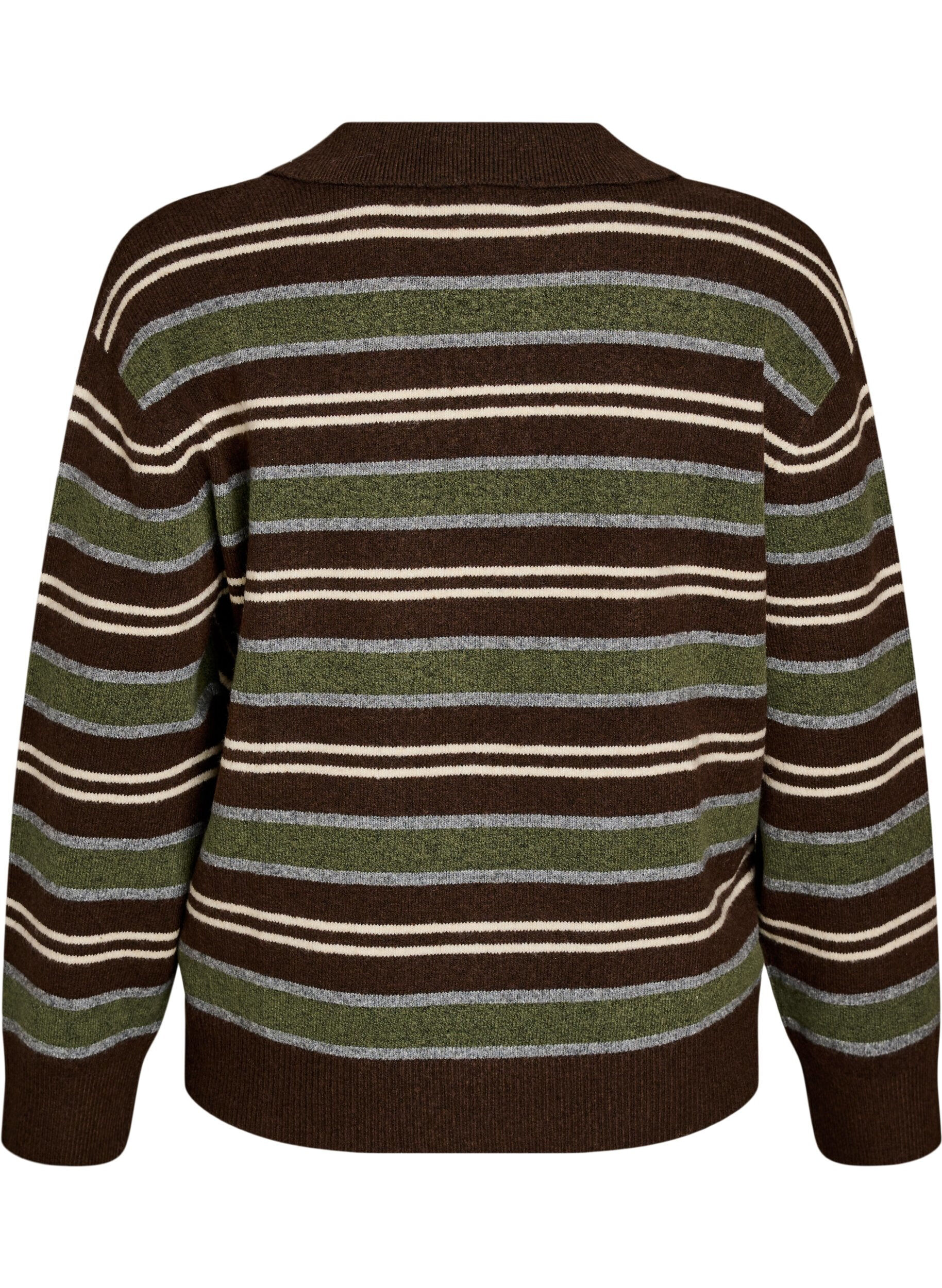 ZizzifashionKnitted blouse with stripes and polo collar, Brown, Packshot image number 1