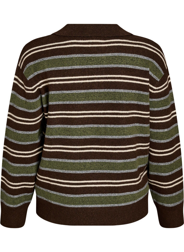 Knitted blouse with stripes and polo collar, Brown, Packshot image number 1