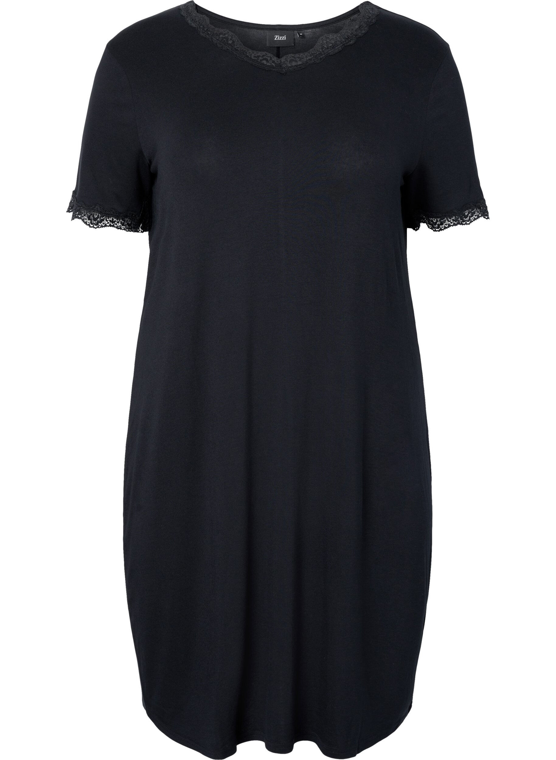 Zizzifashion Short-sleeved viscose nightie with lace edges, Black, Packshot image number 0