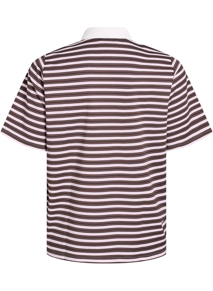 Striped polo shirt with short sleeves and zip, Brown, Packshot image number 1