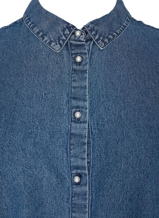 Puff sleeve denim tunic with pearl buttons, Blue denim, Packshot image number 2