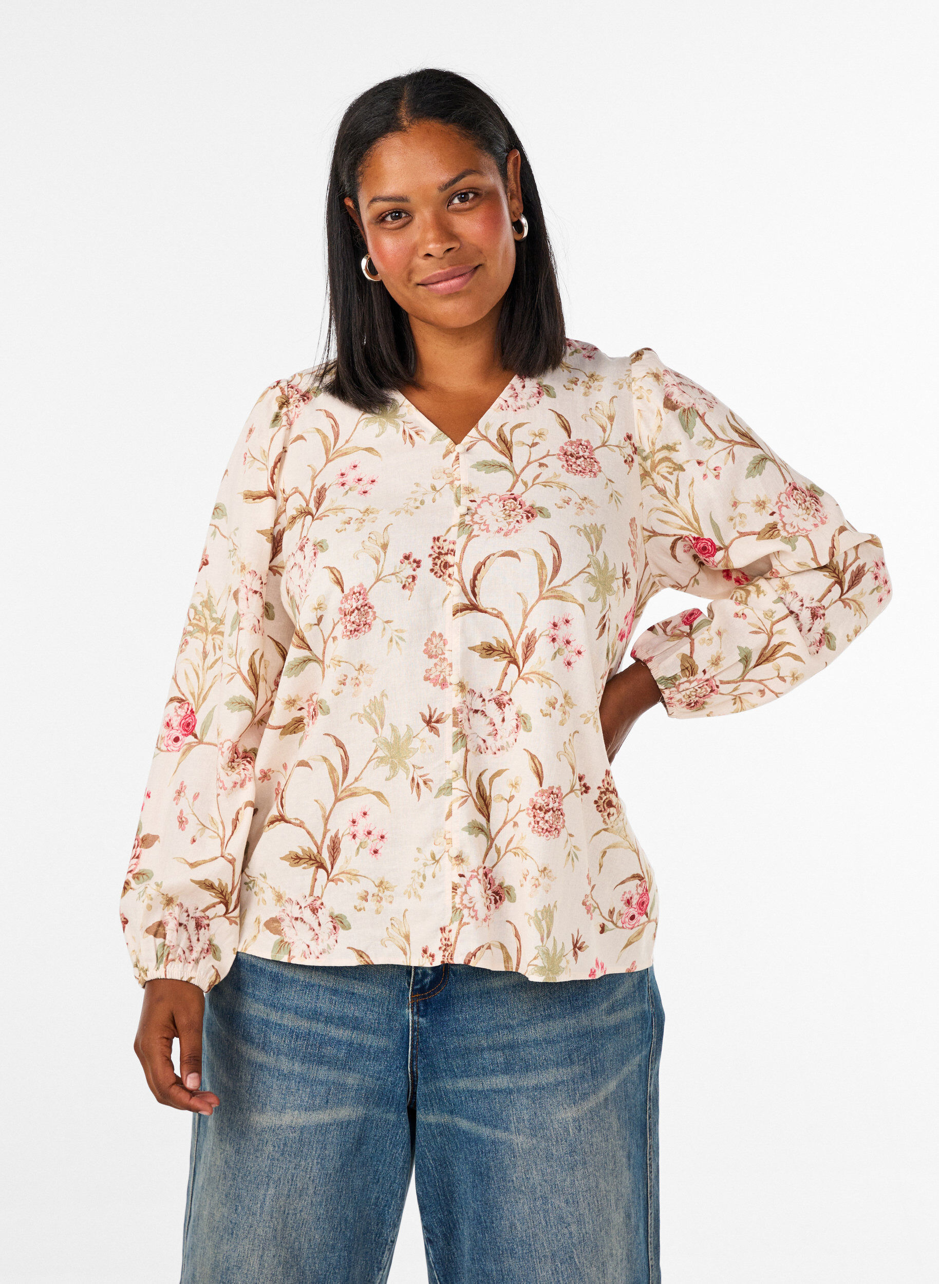 ZizzifashionFloral blouse in linen and viscose with long sleeves, Vanilla, Model image number 0