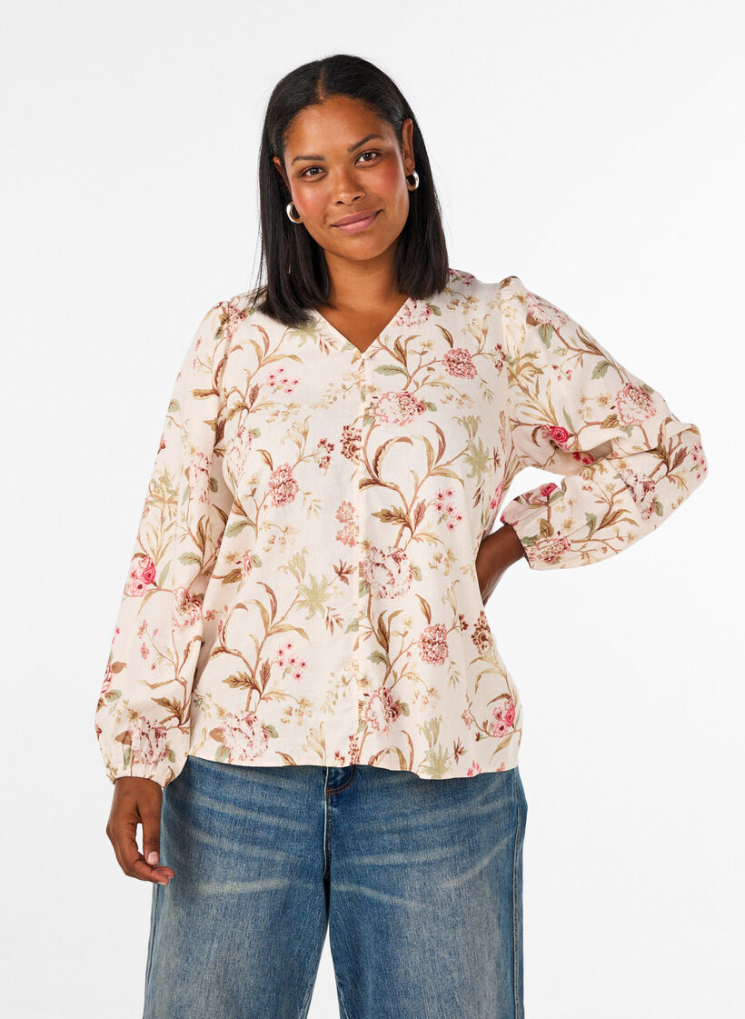 Floral blouse in linen and viscose with long sleeves, Vanilla, Model image number 0