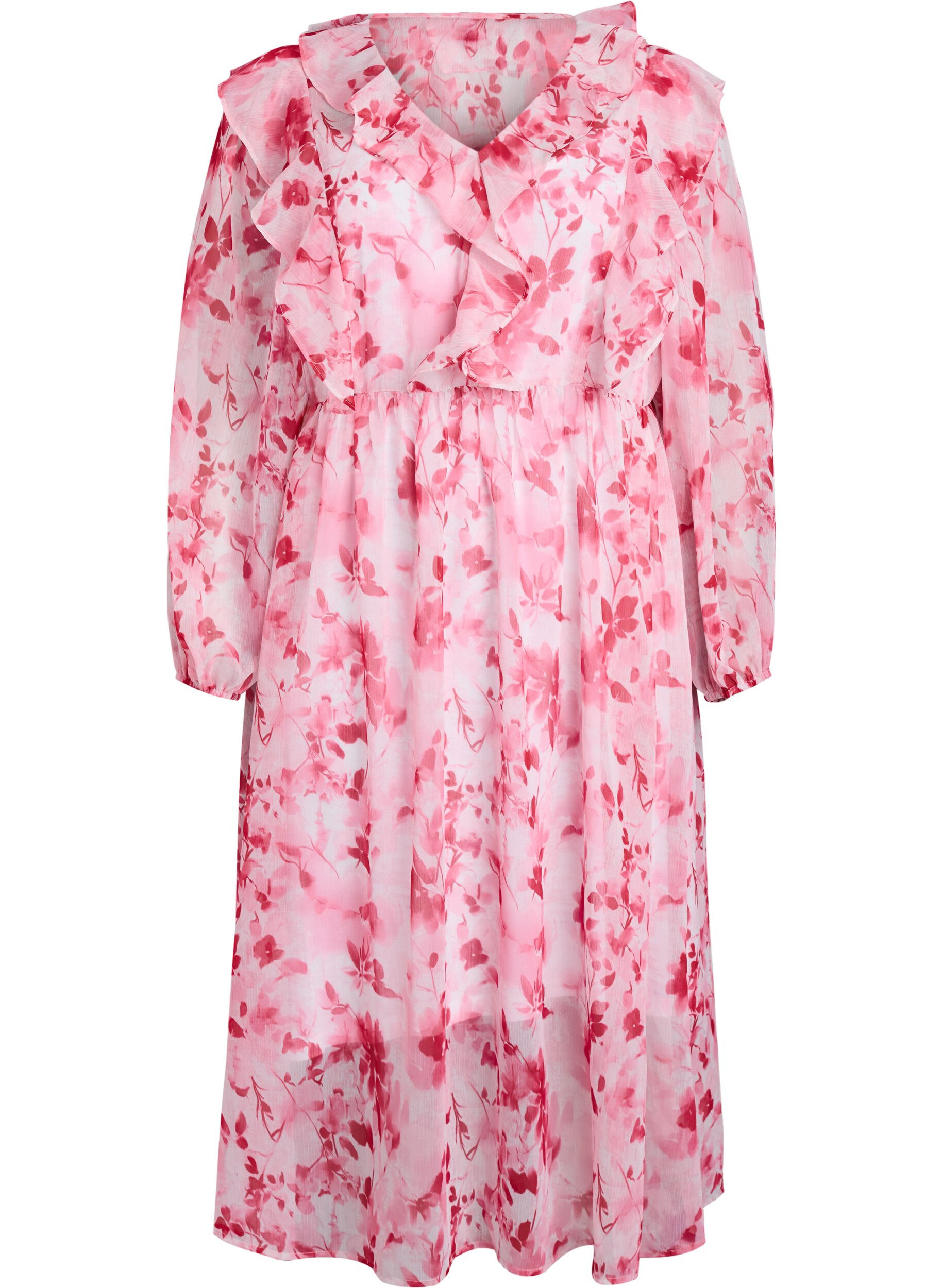 Zizzifashion Floral chiffon dress with ruffles and long sleeves, Pink, Packshot image number 0