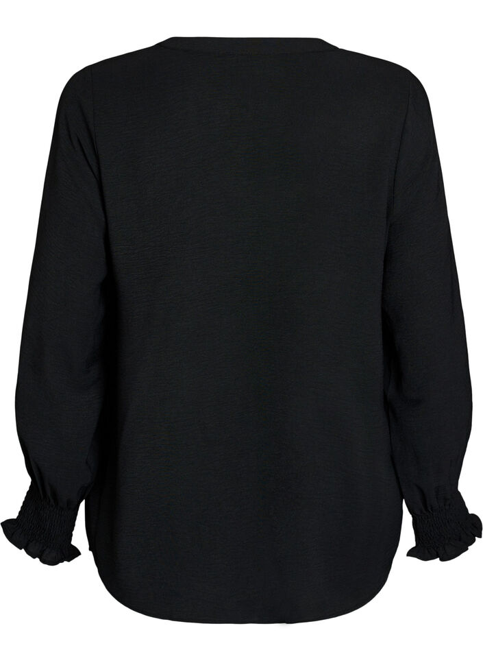 Blouse with smock cuffs and V-neck, Black, Packshot image number 1