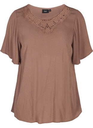 Short-sleeved viscose blouse with lace, Deep Taupe, Packshot image number 0