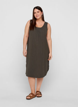 Sleeveless cotton dress in an A-line cut, Khaki As sample, Model image number 2
