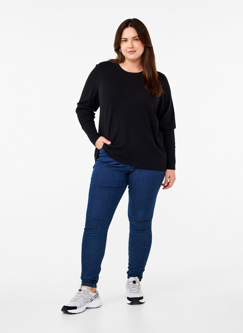 Knitted blouse with a round neck, Black, Model image number 1