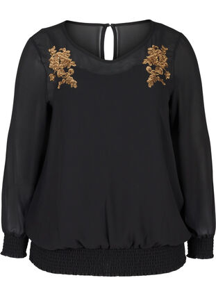 Long-sleeved blouse with smocking and sequins, Black, Packshot image number 0