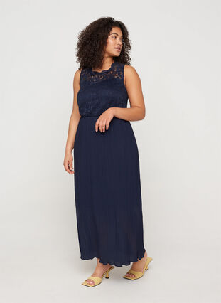 Sleeveless maxi dress with pleats and lace, Night Sky, Model image number 0