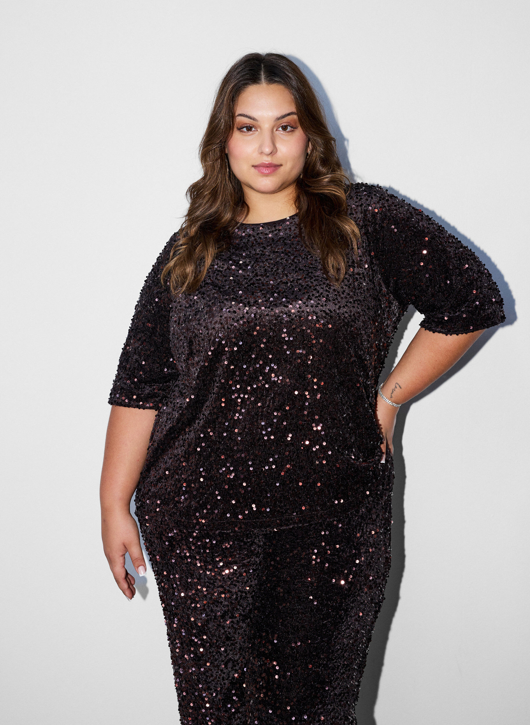 ZizzifashionSequin blouse with elbow-length sleeves, Brown, Model image number 0