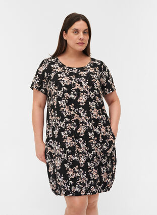 Short-sleeved, printed cotton dress, Black Dusty Flower , Model image number 0