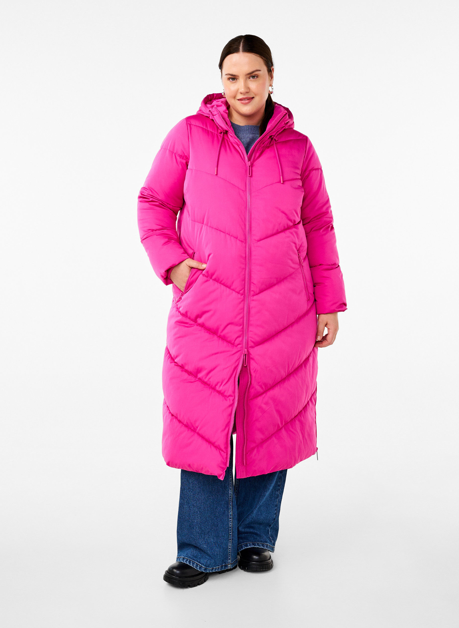 Zizzifashion Long puffer coat with hood and pockets, Pink, Model image number 0