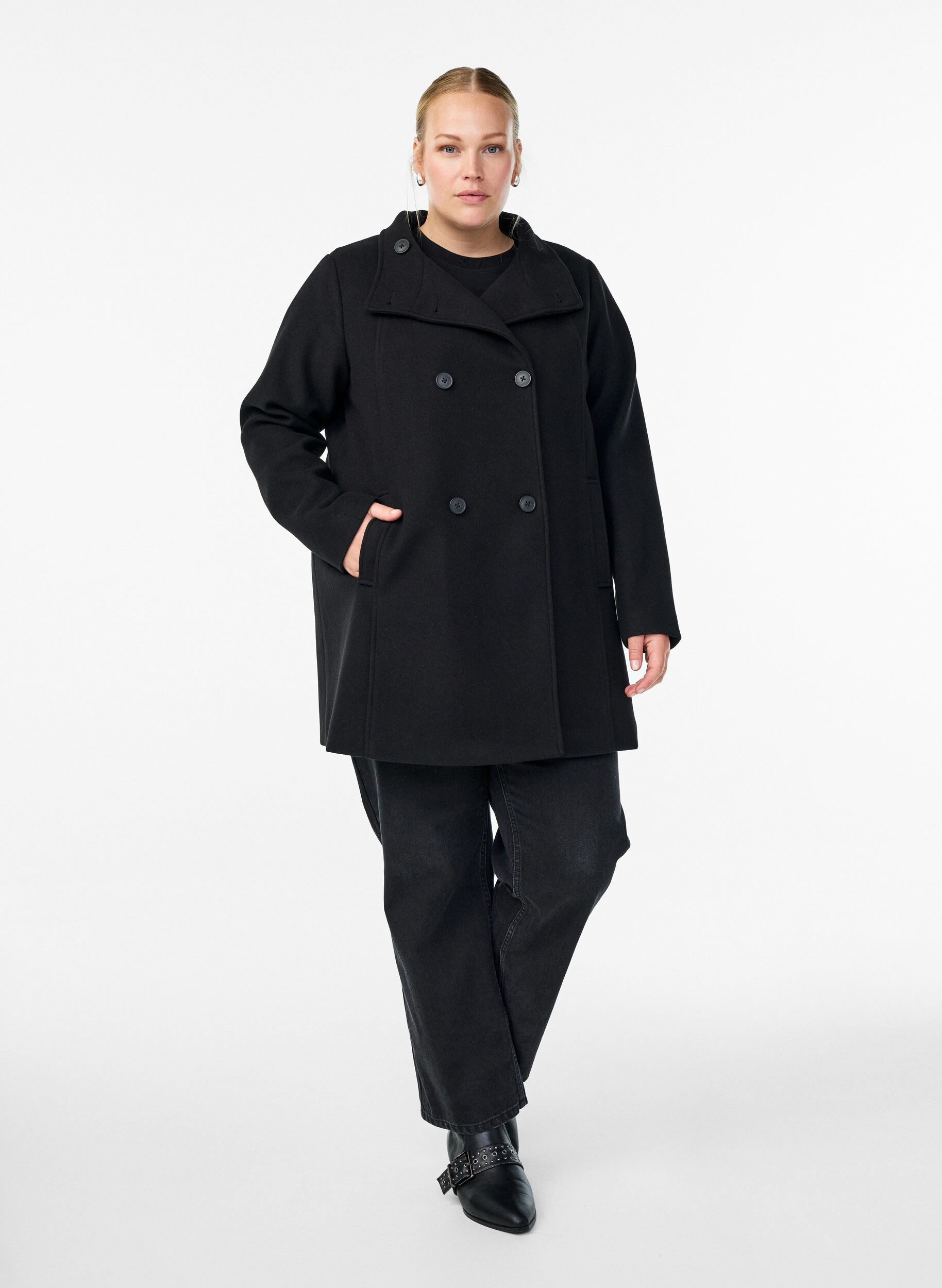 ZizzifashionShort coat with A-line shape, Black, Model image number 1