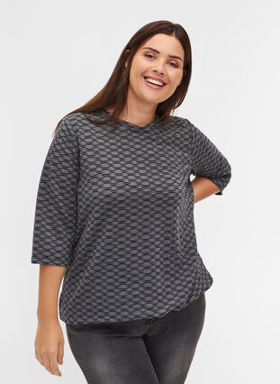 3/4 sleeve blouse with textured pattern, Black, Model image number 0