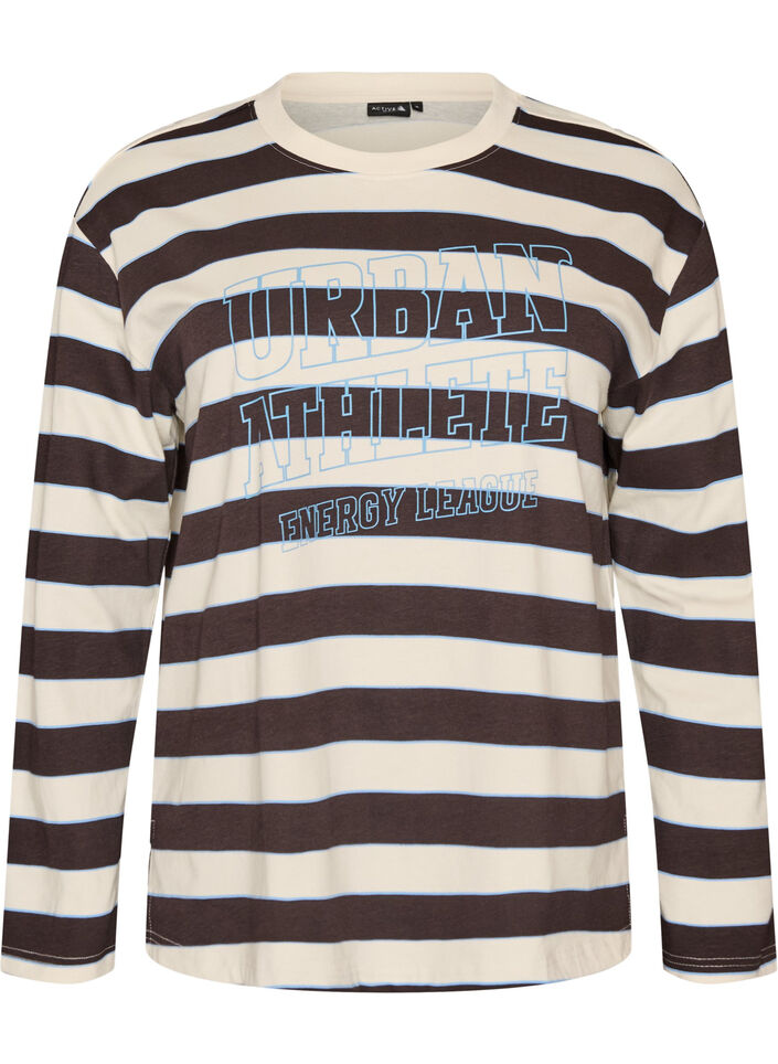 Striped jersey blouse with a sporty text print, Brown, Packshot image number 0