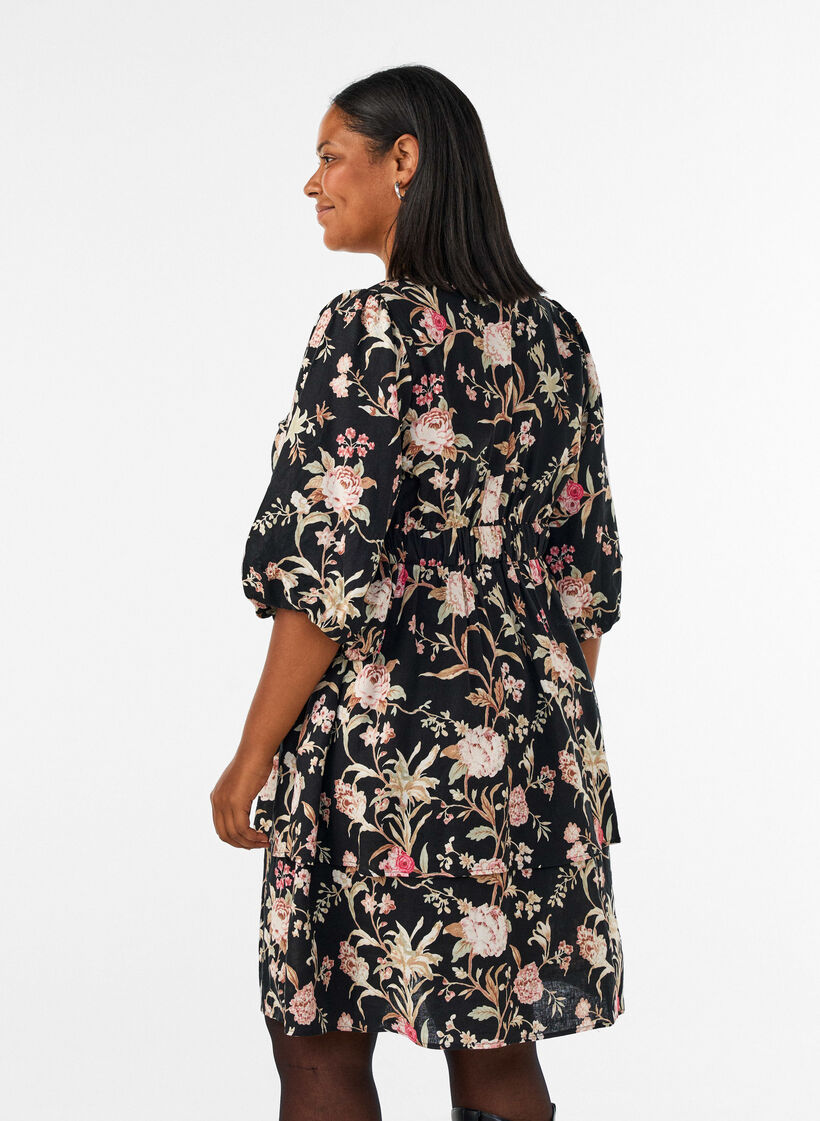 Floral dress in linen and viscose with an empire line, Black, Model image number 2