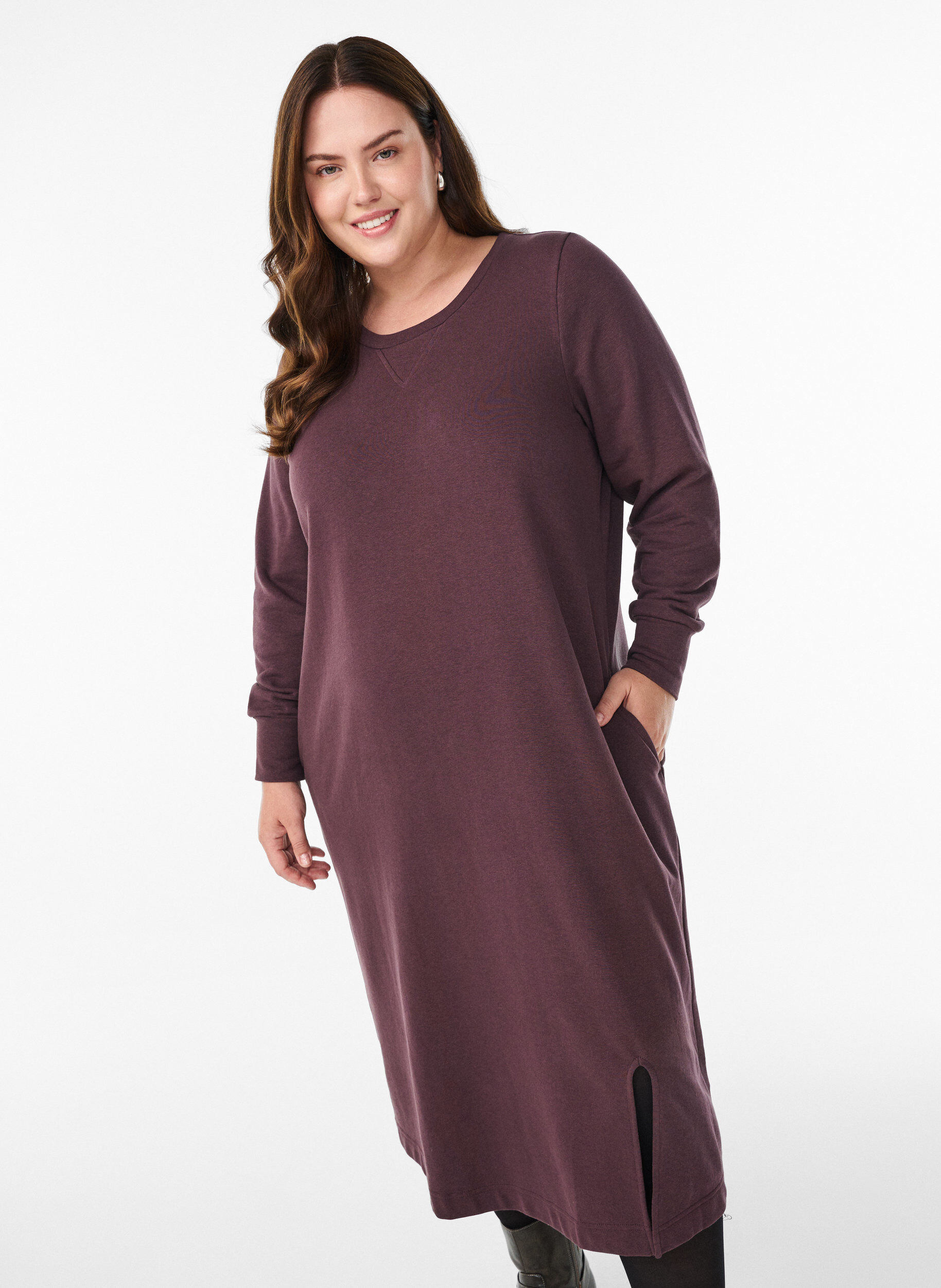 Zizzifashion Cotton sweat dress with pockets, Dark Bordeaux, Model image number 2
